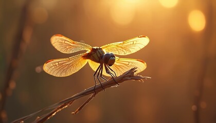 Detailed macro photo shows a dragonfly resting on a dry reed. Its transparent, veined wings catch the warm, golden hour sunlight. The insect has large, compound eyes and a slender body.