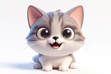 Cute gray and white cartoon cat with big eyes and a happy