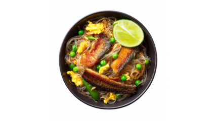 Savory glass noodle stir-fry with grilled eel and vibrant peas