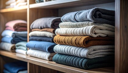 Neatly folded stacks of warm knit sweaters in various muted colors are organized on wooden shelves