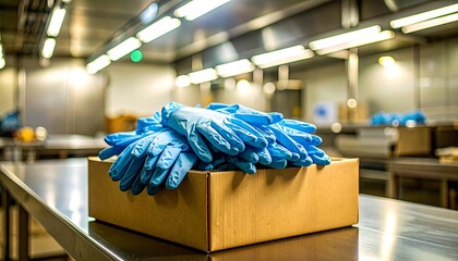Pile of blue nitrile gloves resting on an open cardboard box in a sterile environment
