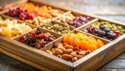 A wooden tray is filled with an assortment of dried fruits and nuts in compartments
