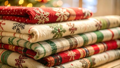 Stack of folded festive blankets featuring snowflake and plaid patterns with bokeh lights