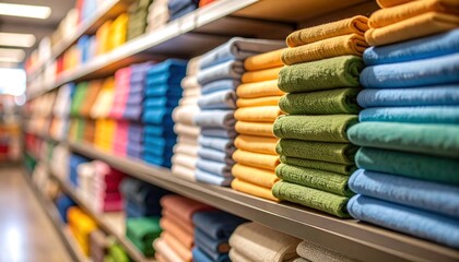Neatly folded stacks of colorful towels are displayed on retail store shelves