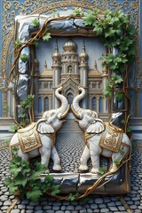 Royal palace with elephants infront of it 