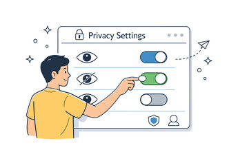 Privacy Settings Control. Online privacy. User adjusting privacy settings on a screen with toggles and eye icons, symbolizing control over personal