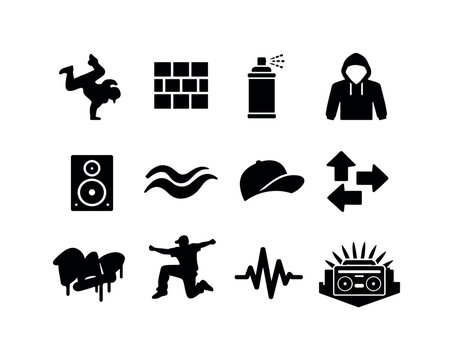 Street Dance Icons. Street dance. Solid icon set of street dance: street dancer pose, pavement icon, spray paint can, hoodie silhouette, speaker box, freestyle