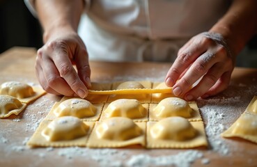 Chef forms fresh ravioli pasta by hand, dusting flour over delicate dough sheets. Artisan Italian food prep, classic cookery craft. Close up detail on traditional culinary skill.