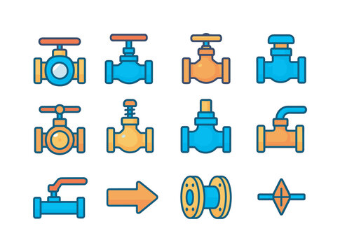 Industrial Valve Icons. Industrial Valves. Colorful flat vector icons set of Industrial Valves: ball valve, gate valve, globe valve, check valve, butterfly