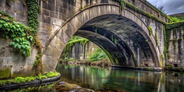 Stone Arch Bridge Over Calm Water, Lush Vegetation Adorning Ancient Structure