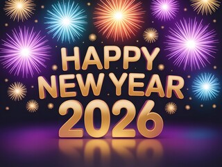 Happy new year 2026 celebration with colorful fireworks and golden text on dark background