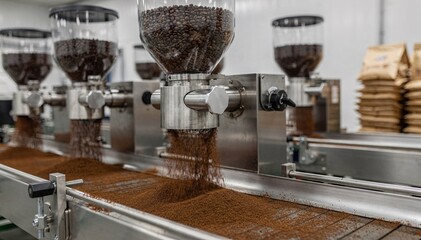 Medium shot of precision grinders on an automated line making fine coffee grounds highlighting smooth operation and uniform particle size for espresso packaging.