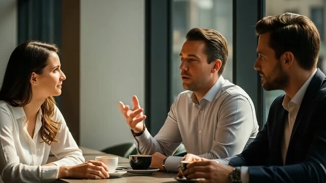 Three motivated business professionals engaged in a serious discussion over coffee during a productive meeting in a modern, sunlit corporate environment, focusing on strategy.
