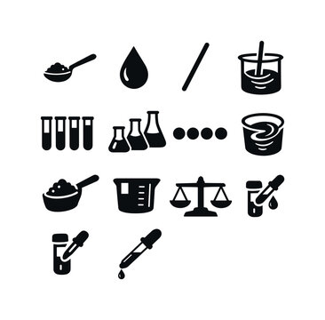 Solution Preparation Icons. Solution preparation. Solid icon set of Solution preparation: solute spoon, solvent droplet, mixing rod, stirring icon, dilution