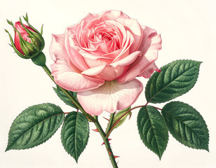 Realistic Pink Rose Bloom and Bud with Detailed Green Leaves on White Background