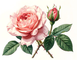 Realistic Pink Rose Bloom and Bud with Detailed Green Leaves on White Background