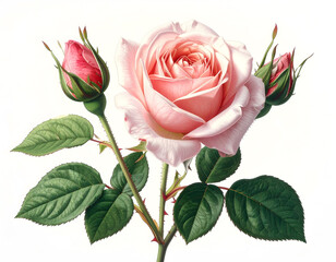 Realistic Pink Rose Bloom and Bud with Detailed Green Leaves on White Background