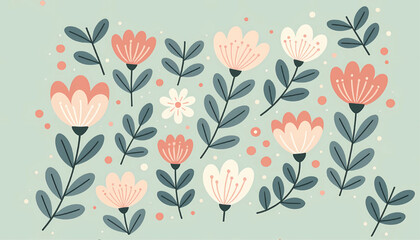 Folk Art Floral Pattern with Salmon Pink Peach Flowers and Slate Blue Leaves on Mint Green Background - Seamless Botanical Vector Illustration
