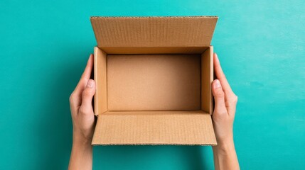 Overhead shot reveals two hands holding an open, empty, cardboard box, set against a teal-colored background