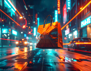 Fast Food Delivery Bag Floating Over Blurred Night City Street with Neon Lights