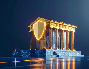 Golden Classical Bank Building with Glowing Shield Symbolizing Financial Security and Protection