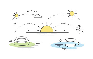 Abstract Sun Paths. Seasonal atmosphere shift. Abstract sun paths and light reflections floating gently in open space. The mood highlights clarity, calm, and