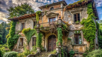 An Overgrown Abandoned Mansion with Weathered Stone Facade, Ivy-Covered Walls, and Ancient Wooden Doors