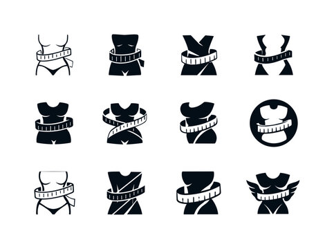 Fitness Logo Icons. Fitness assessments and body measurements. Icon set. Set Logo of fitness assessments and body measurements: measuring tape. harmonious logo