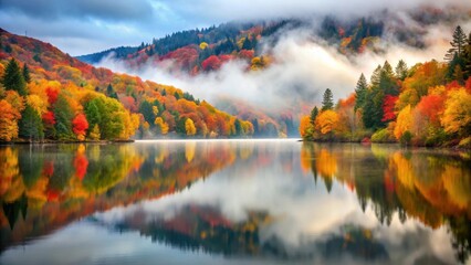 Obraz premium Serene autumnal landscape reflecting in a still lake, enveloped in a mystical morning mist, showcasing a vibrant tapestry of fall foliage on the hillsides