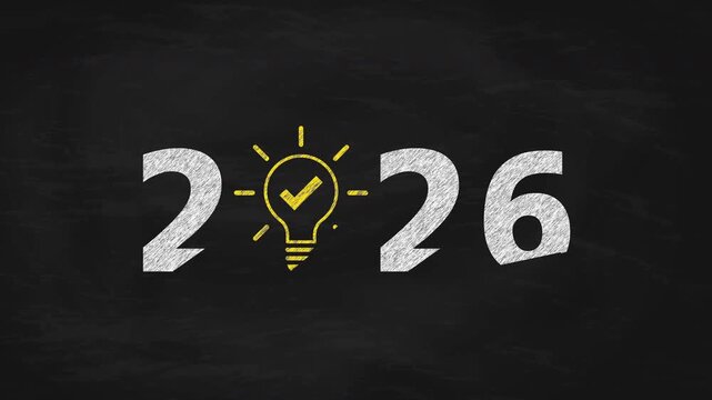 2026 Chalk Write-on Animation on Blackboard With Yellow Light Bulb and Check Mark Symbol