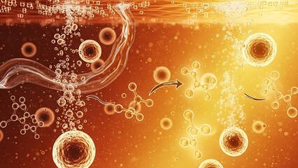 Abstract microscopic cells and molecular bonds on golden background