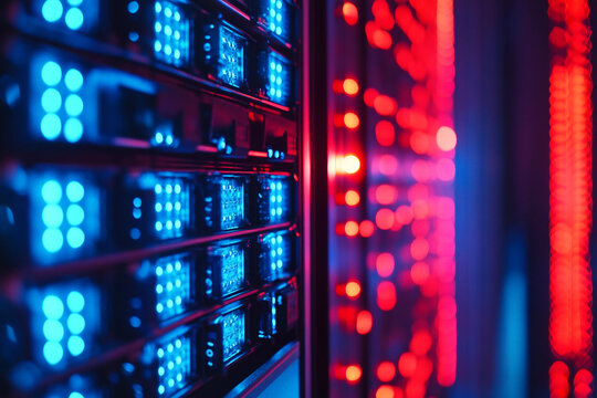 Powerful crypto mining farm with hundreds of graphics cards and neon lights for cryptocurrency blockchain data center generative ai