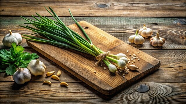 Rustic Wooden Board with Fresh Spring Onions and Garlic Bulbs