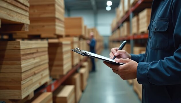 Warehouse worker checks timber stacks on clipboard. Man records inventory in storage facility. Employee monitors wood supplies, plans logistics, ensures production quality.