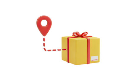 Gift box delivery tracking with map pin and route on transparent background