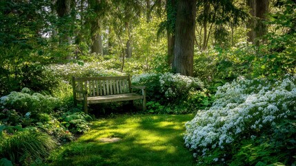Serene outdoor scene featuring a wooden bench amidst lush greenery, a vibrant mix of plants, and dappled sunlight