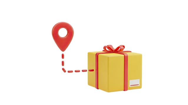 Gift box delivery tracking with map pin and route on transparent background - Powered by Adobe