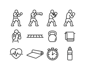 Boxing Fitness Icons. Boxing fitness workouts. Line icon set of boxing fitness workouts: boxer stance pose, straight punch icon, hook punch icon, uppercut