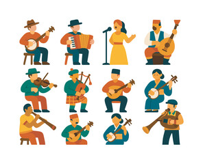 Folk Music Icons. Folk and traditional music photography. Colorful flat vector icons set of folk and traditional music photography: banjo player, accordion