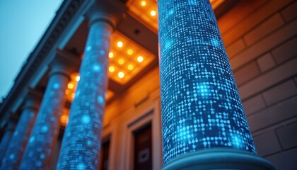 Classical building columns display digital data streams. Blue glowing circuits represent information flow on architecture. Modern tech meets tradition.