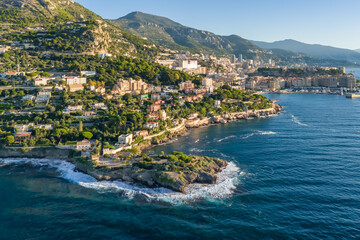 Aerial view of the French Riviera coastline between Nice and Monaco, France