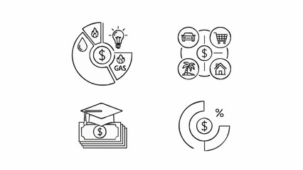 Finance and Education Icons Set &ndash; Pie Chart, Investment Network, Graduation Cap with Money, Percent Growth. Vector Line Art, Minimalist, Editable Stroke.