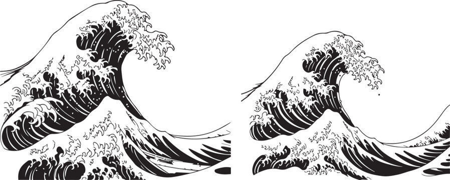Detailed black and white vector illustration inspired by Japanese woodblock prints. It features two powerful, crashing ocean waves with intricate foam patterns and dramatic, curling crests.