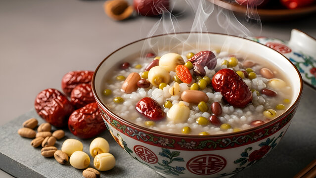 Capital steaming bowl of traditional asian rice porridge with bean date lotus seed and mixed grain cereal ingredients served warm for nutrition food comfort meal and winter cuisine concept