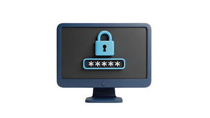 Computer monitor with padlock and password input on transparent background