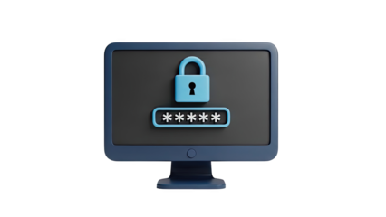 Computer monitor with padlock and password input on transparent background