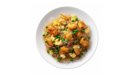 A mouth-watering dish featuring stir-fried chicken, peas, and glass noodles, served on a pristine white plate