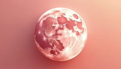 Rose colored full moon glows brightly in night sky. Celestial orb shows surface texture. Dreamlike fantasy scene with soft pastel shades. Gentle light illuminates lunar landscape.