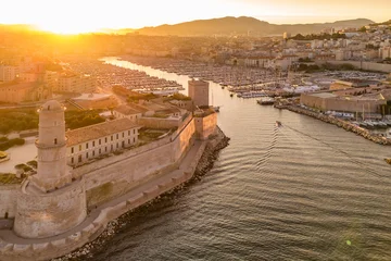 Fototapete Rund Mediterranes Europa Aerial view of the historic Vieux Port in Marseille at sunrise, southern France  © Mazur Travel