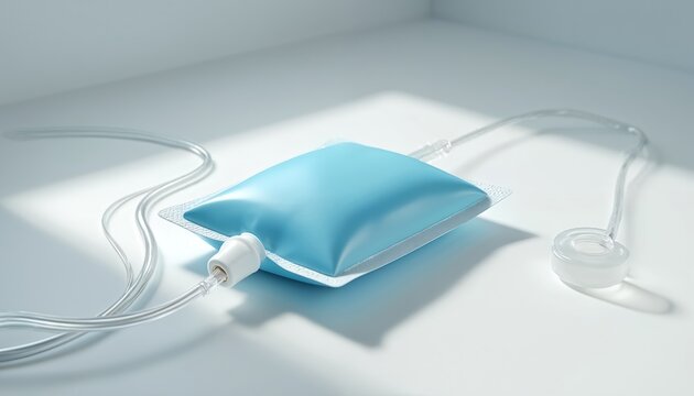 Medical IV bag with clear tubing hangs on clean white background. Sterile fluid infusion pouch aids patient hydration and treatment in clinic or hospital setting.